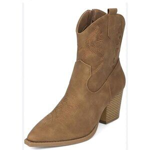 Womens Western Style Tan Ankle Boots With Embroidery & Block Heel Size 7